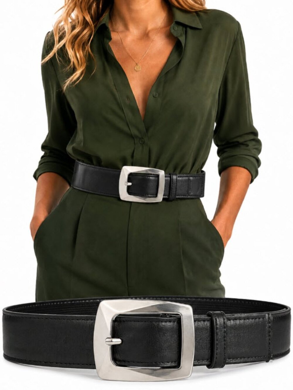 Suzi Roher Black Leather Stretch Belt Silver Buckle Large Plus